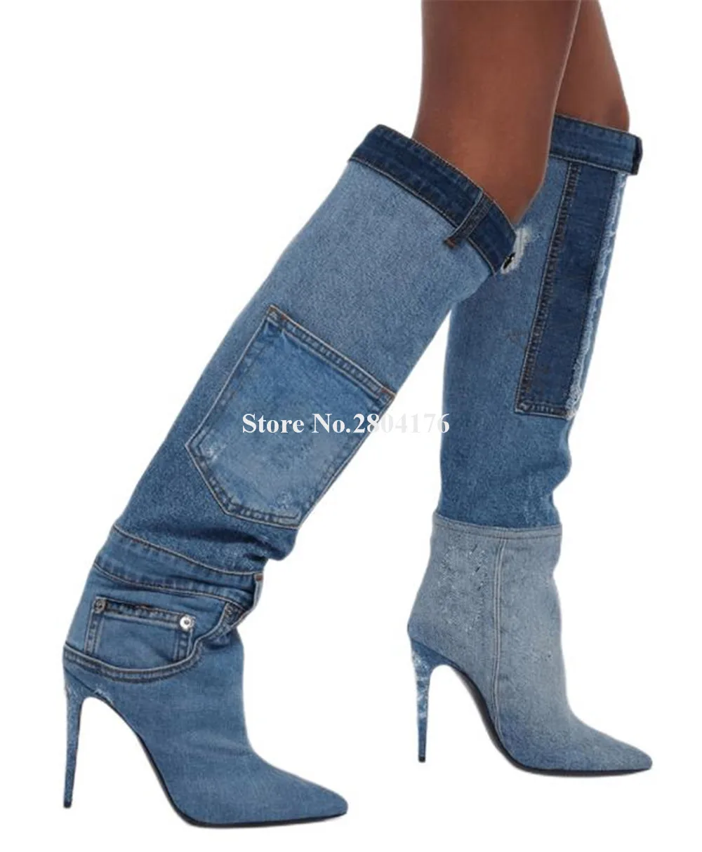 

Sexy Pocket Decorated Stiletto Heel Knee High Boots Western Style Pointed Toe Blue Black Jean Thin Heel Long Boots