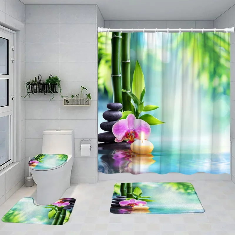 Ensemble de Rideaux de Douche Vermont en Bambou Vert, Orchidée Violette, Papillon, Pierre Grise, Spa, Paysage Naturel, Polymères de Bain, Couverture de Toilette