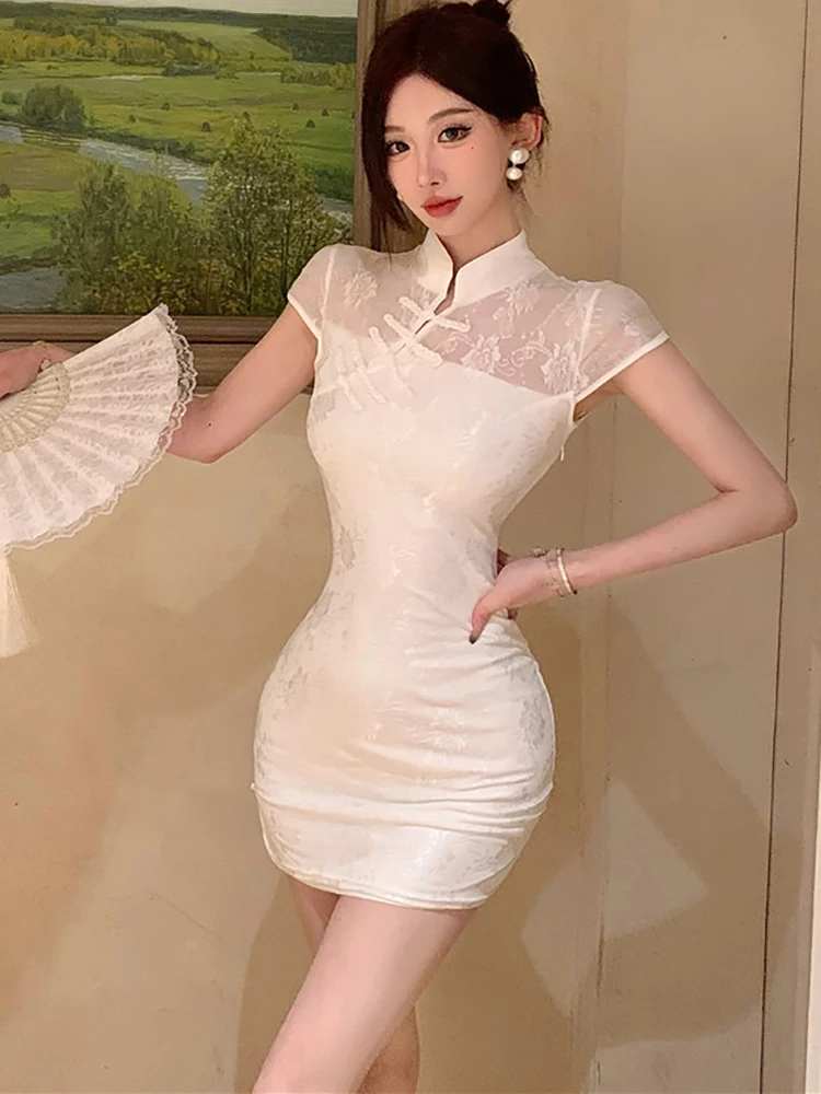 Summer White Jacquard Elegant Lace Sexy Mini Dress Women Short Sleeve Bodycon Hip Warp Dress 2024 Korean Vintage Festival Dress