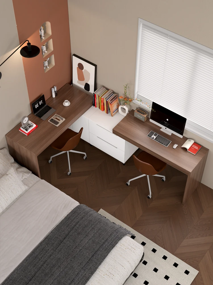 Mesa dupla simples e moderna, mesa de computador para duas pessoas com canto no peito, escrita doméstica, canto de madeira maciça