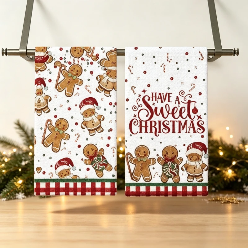 2pcs Christmas Gingerbread Man Kitchen Towel Absorbent Soft Dish Towel Decorative Hand Towel for Bathroom Kitchen Sink Christmas
