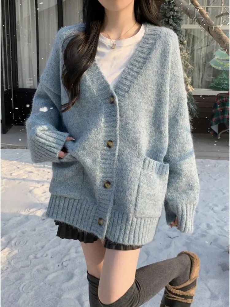 

Autumn Winter Beige Grey V-neck Knitted Loose Tops Korean Women's 2024 New Blue Single Breasted Versatile Long Sleeved Sweater