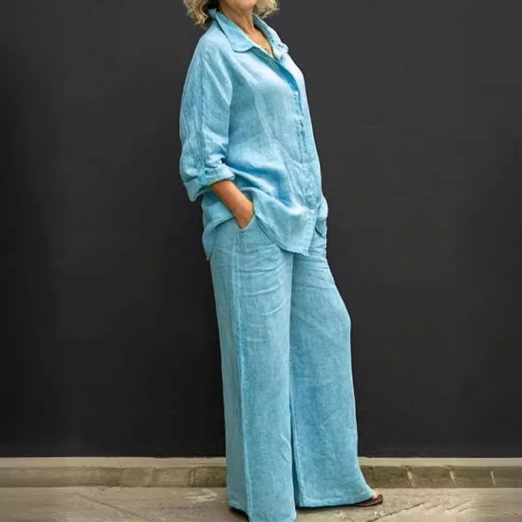 

Women 2 Pieces Set Trendy Spring Summer Linen Casual Lapel Button Blouse Trousers Outfits Loose Wide Leg Pants Streetwear Suits