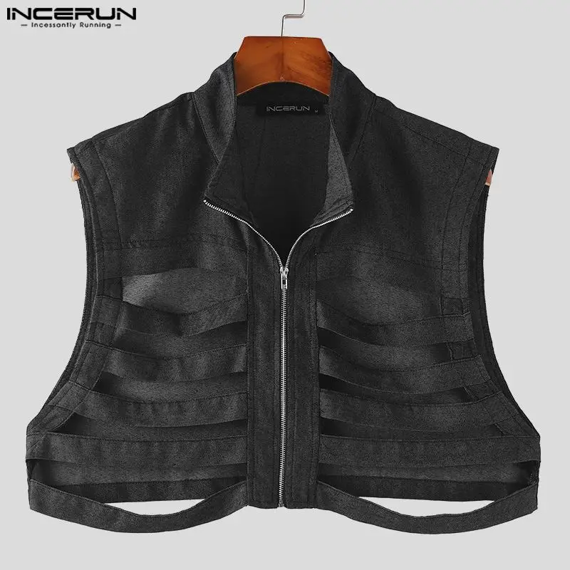 2024 Men\'s Tank Tops Hollow Out Zipper Stand Collar Sleeveless Male Vests Solid Streetwear Fashion Casual Men Clothing INCERUN