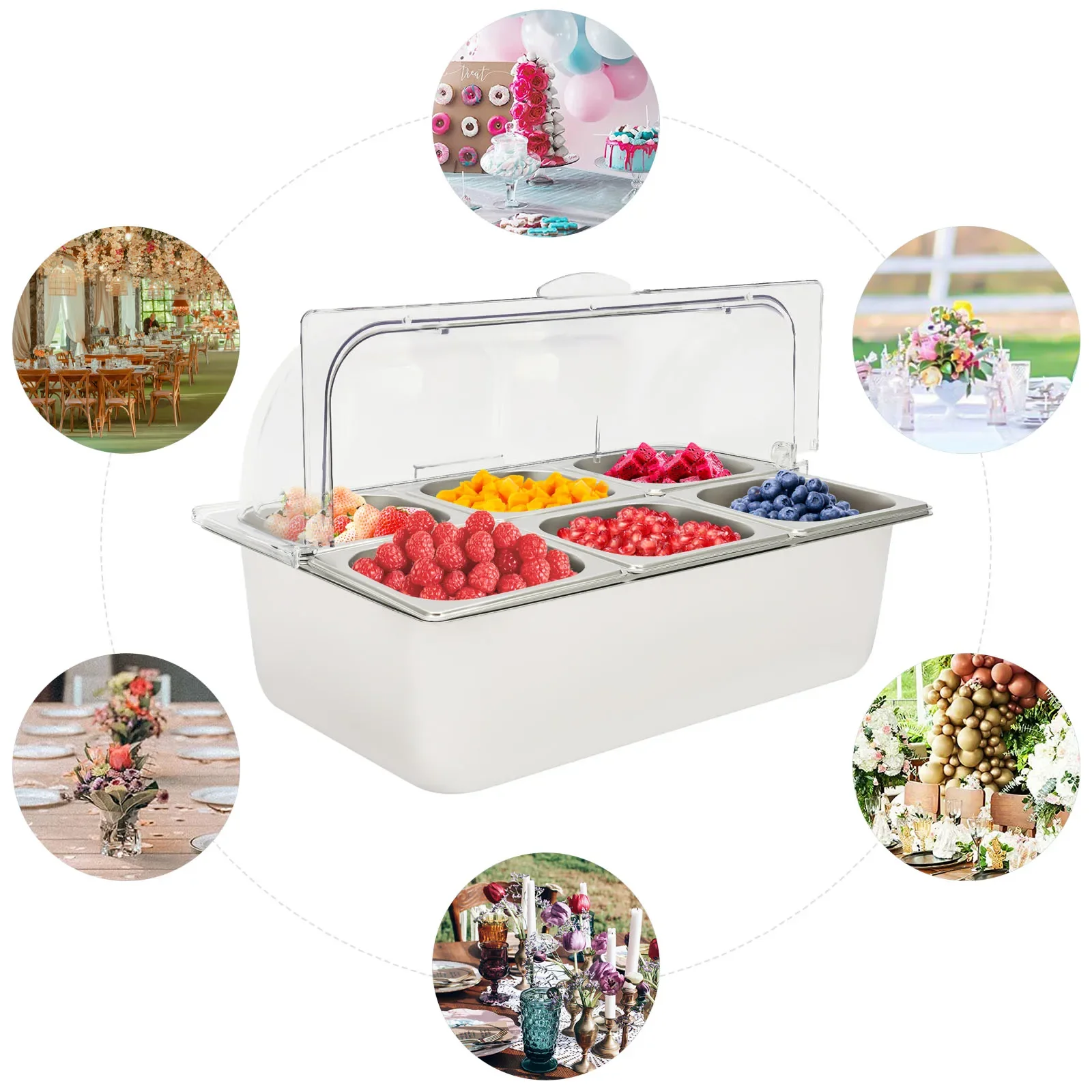 

Ice Food Serving Display Tray,1.7L/3.59qt Ice Chilled Condiment Caddy with 6 Pans, Double-Sided Opening Food Display Rack