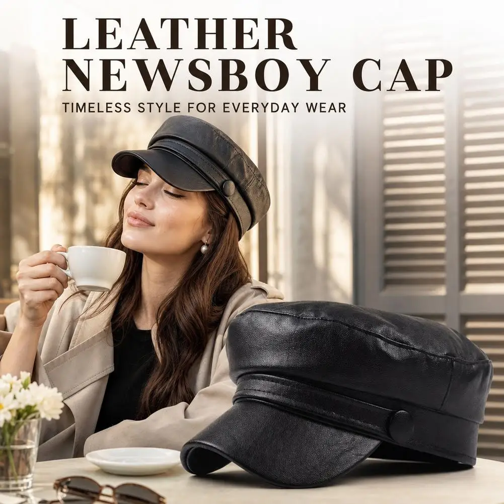 Fashion Unisex PU Leather Military Caps Spring Autumn Sailor Hats for Women Men Black Grey Flat Top Captain Cap Travel Cadet Hat