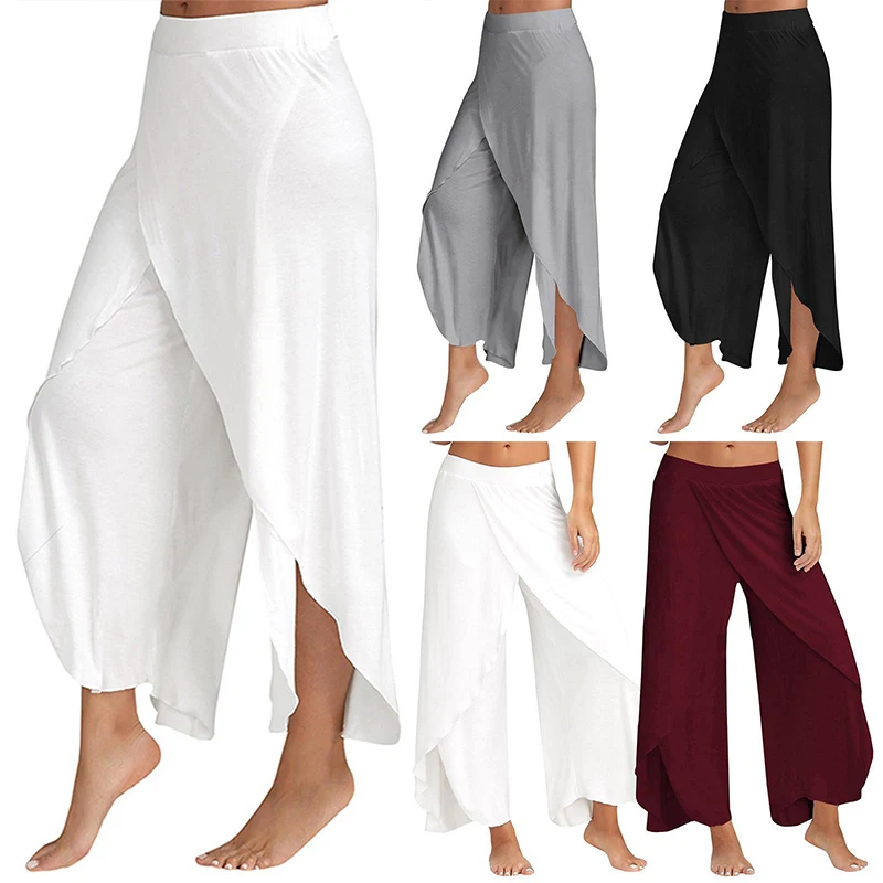 Women Yoga Pants Fashion Solid Color Ruffled Split Loose Trousers Lightweight Breathable Large Size Wide Leg Casual Pants