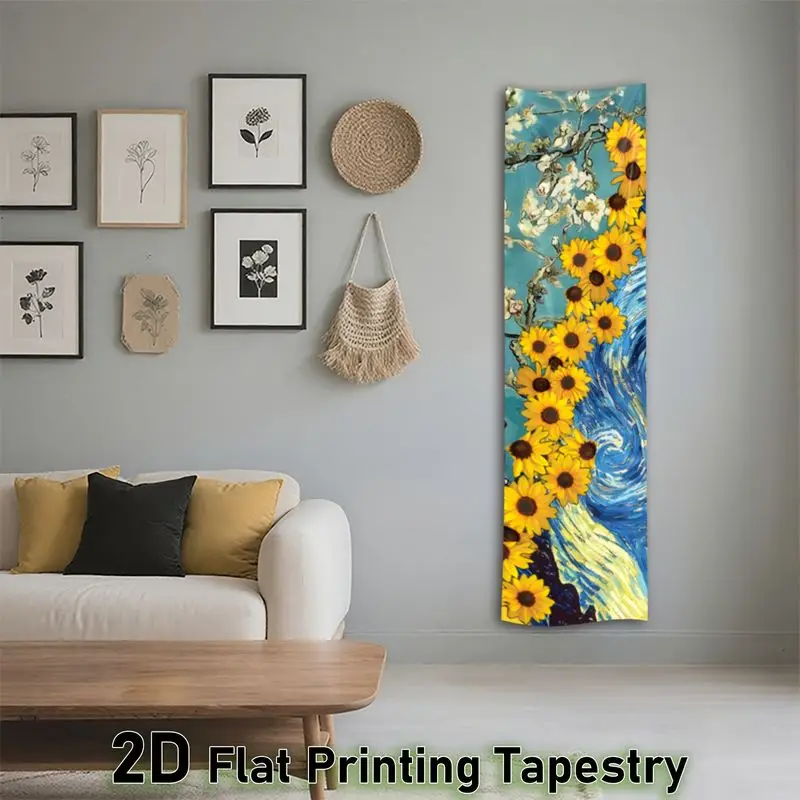 Long Vertical Tapestry, Starry Moon Night, Sunflower Mural, Living Room, Apartment Background, Wall Decoration, Room Decoration