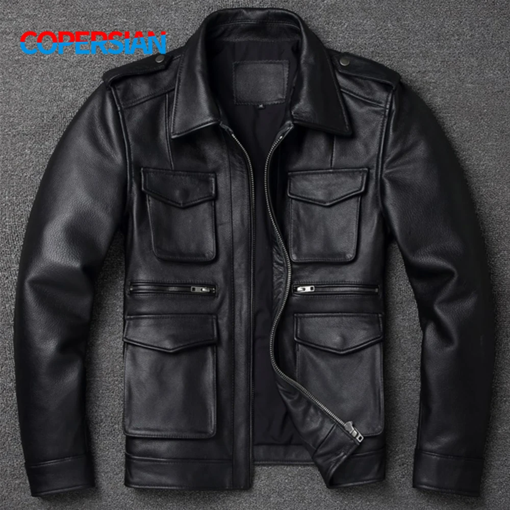 Classic Men's Pure Cowhide Multi-pocket Winter Motorcycle Style Plus Size Leather Jacket