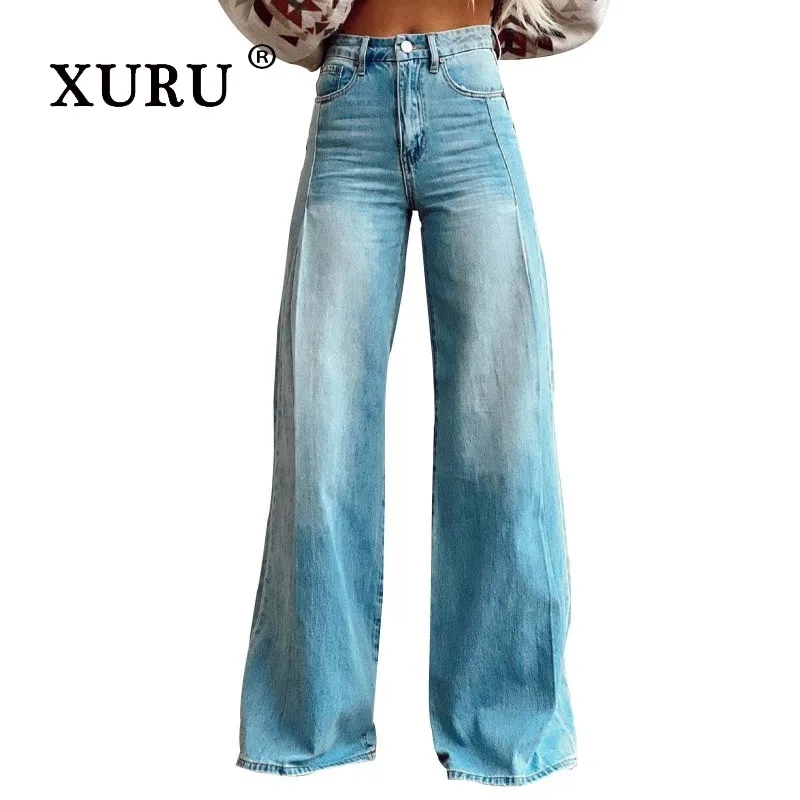 XURU - New Women's Retro Wide Leg Jeans, Y2k Clothes High Waist Design Sensible Long Jeans, Men's Pants