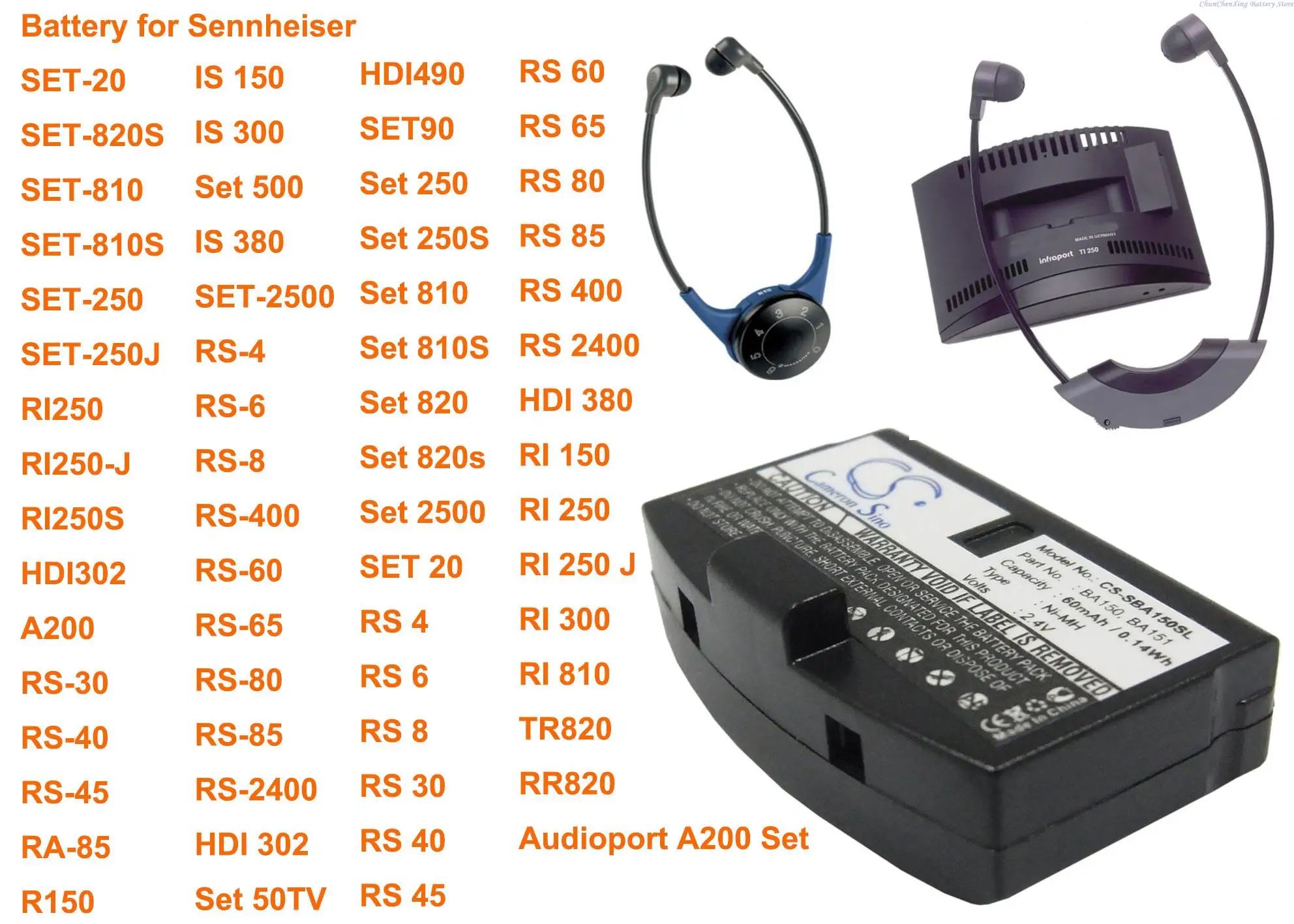 Cameron Sino Battery BA150, BA151 for Sennheiser A200, HDI302, HDI380,HDI490,IS 150,IS 300,IS 380, R150, RI 150,RI 250 ,RI250S