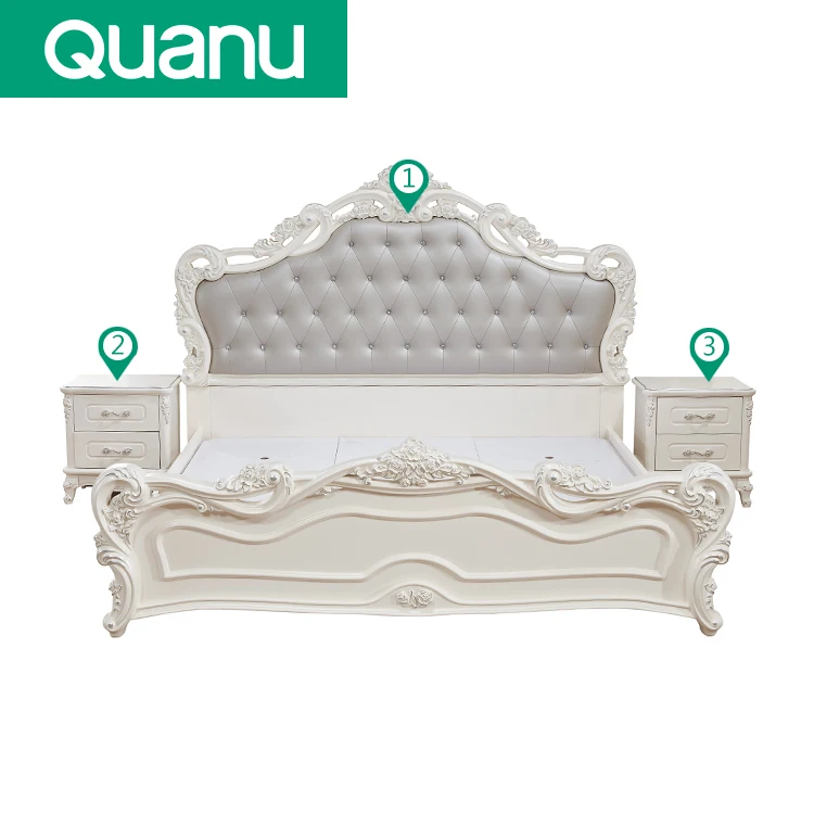 121513 Hot factory price European style carved double king size luxury white leather beds frame