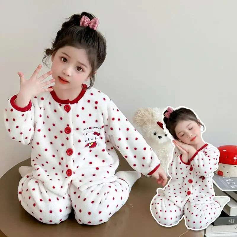 

Sanrios hello kittys Sleepwear 2Pcs New Style Polka Dot Thick Cute Long Sleeved Winter Fashion Home Clothes Baby Cartoon Girls