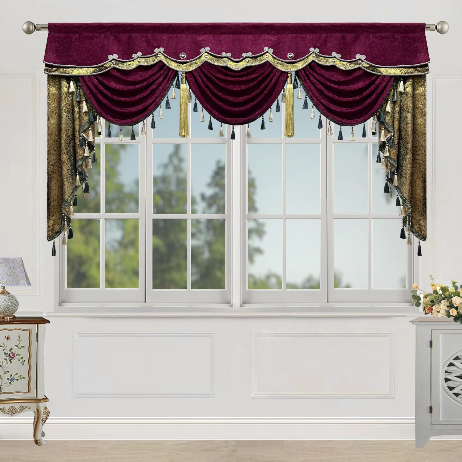 

Luxury Burgundy Swag Waterfall Valance with Tassel Trim for Bedroom Living Room Jacquard Window Curtains Rod Pocket Top 1 Panel