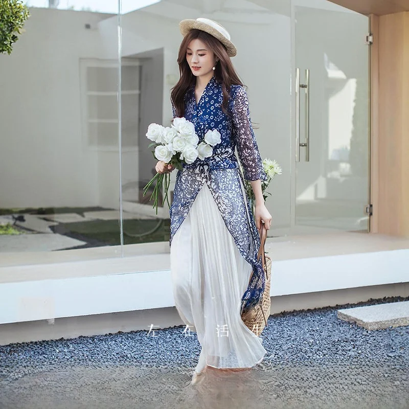 

a Life on the Left Long Silk irt Traditional Blue Print Vintage Sle Women's Premium Faion Spring New Arrival