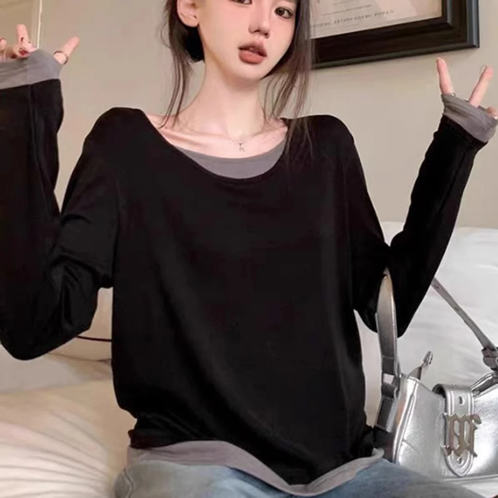 

Comfortable womens black loose long sleeve top fake two piece style for vacation holiday club wear polyester fabric all seasons