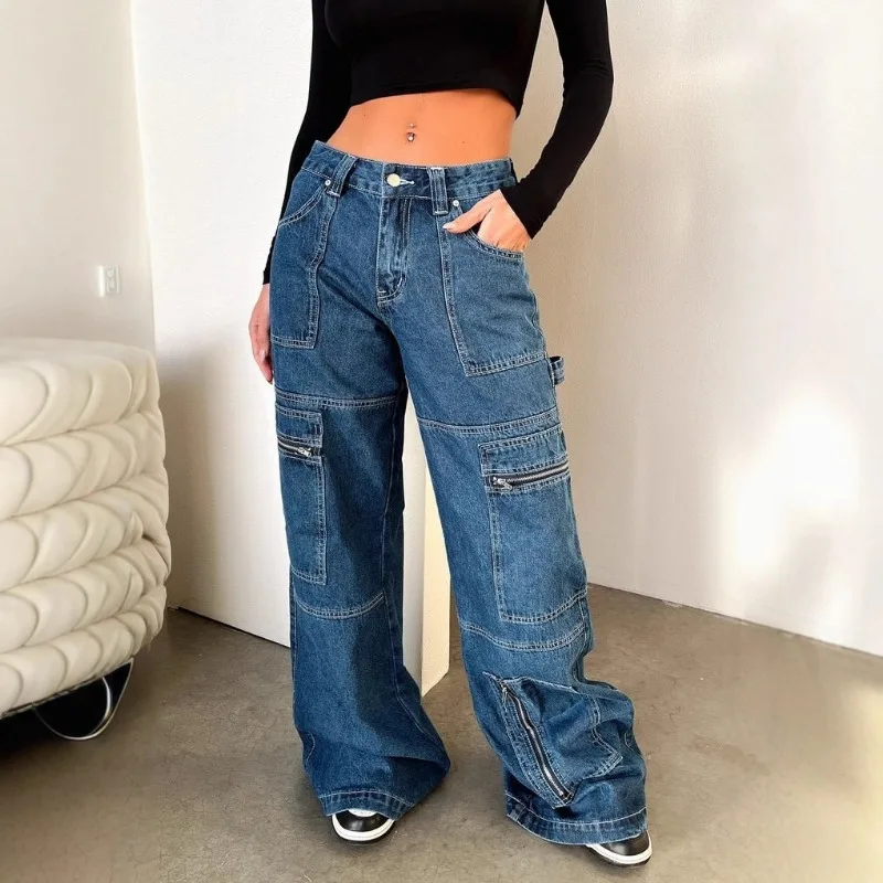 

Женские винтажные джинсы-карго с высокой талией, широкие, удлиненные, из денима, в стиле стритвир, прямые брюки в пол, коллекция 2026 года