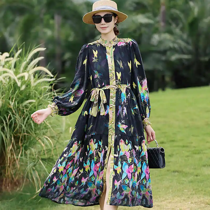 Autumn New Street Style Stand up Collar Single Breasted Silk Printed Women Loose Vacation Lace Up Shirt Long Dress One Size