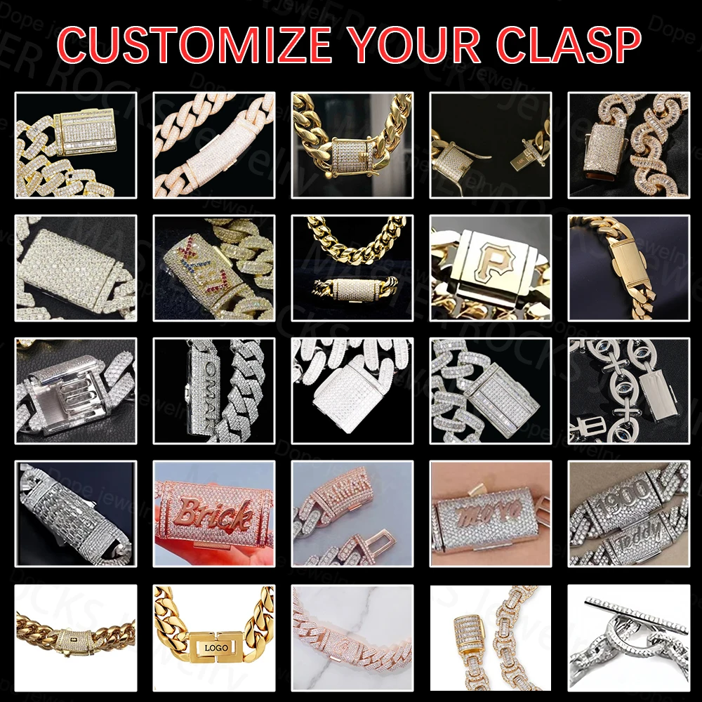 Hiphop 15mm Moissanite Cuban Chain Custom Lock with 925 Sterling Silver Gold Plated Customizable Lock Moissanite Cuban Chain..