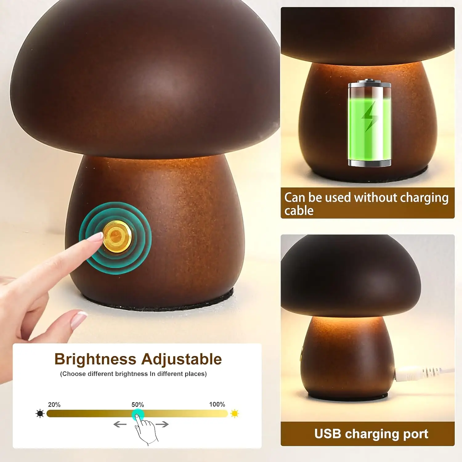 Lâmpada de cabeceira portátil regulável com USB, recarregável Night Light, sem fio de madeira Night Lamp, Mushroom Table Lamp para Home Decor