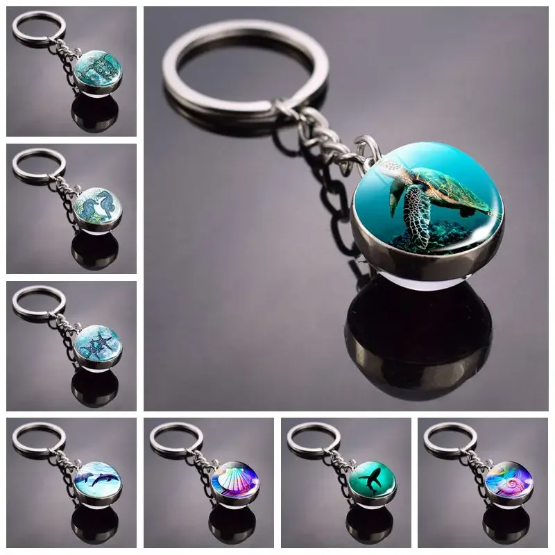 Sea Turtle Keychain Turtle Picture Glass Ball Key Chain Double Side Keyring Turtle Jewelry for Men for Women Christmas Gifts