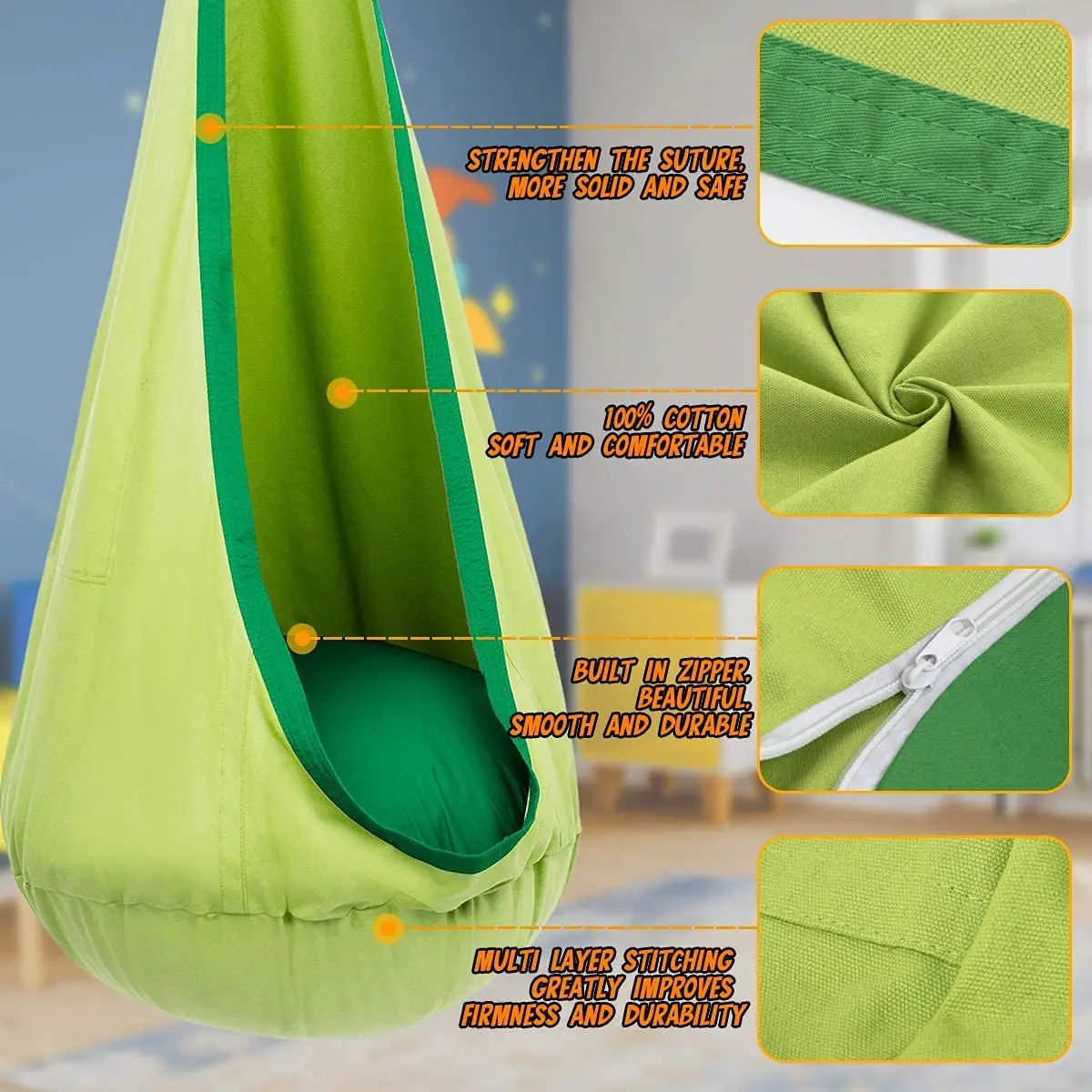 1Pc Kids Pod Swing Seat Cotton Child Hammock Swing Chair Blue/Yellow/Pink/Green Sensory Swing for Indoor and Outdoor Use
