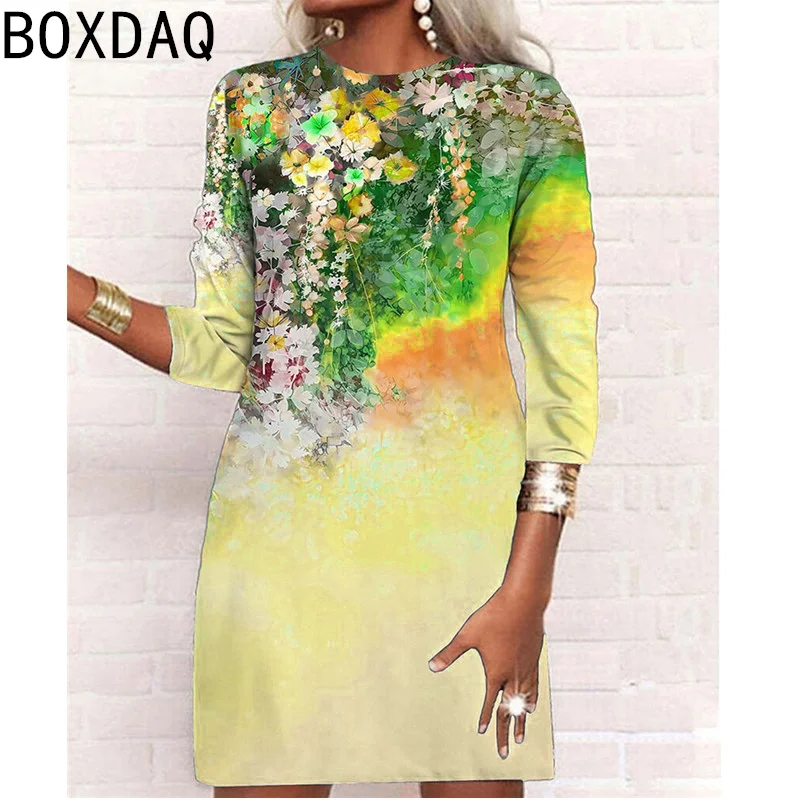 Fashion Colorful Gradient Print Dress 6XL Big Size Women Spring Long Sleeve O-Neck Casual A-Line Dress Vestidos