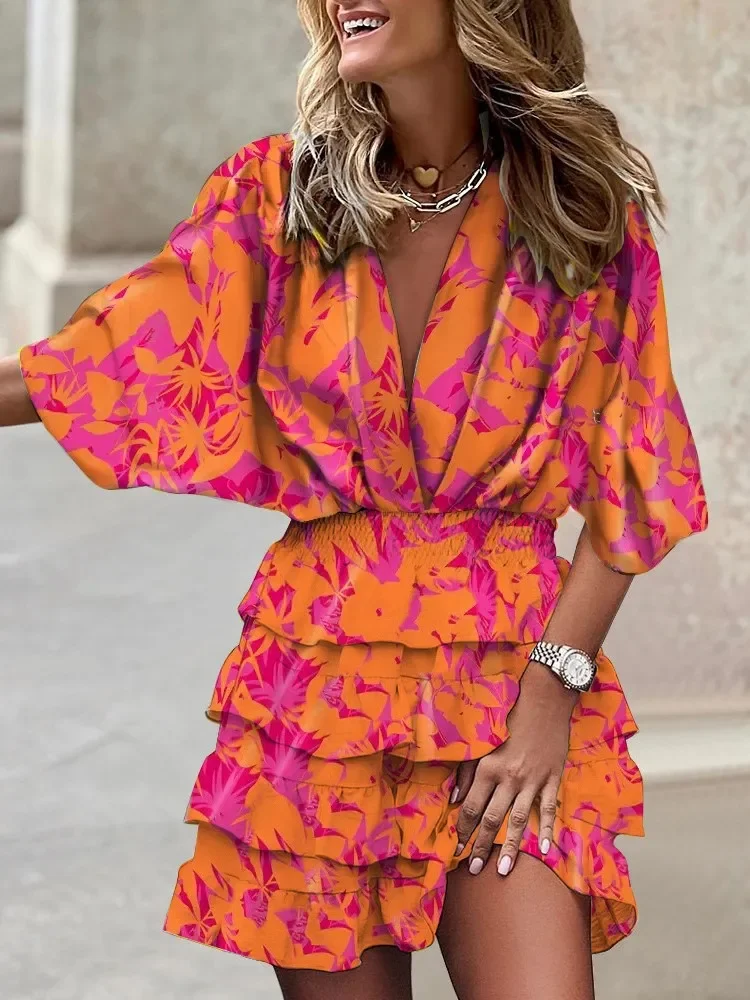 Women Sexy V-Neck Loose Batwing Half Sleeve Print Dress Fashion Elegant Lace-up Ruffle Boho Beach Mini Dress Casual Streetwear