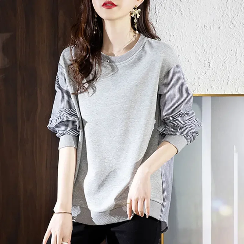 Purple Sweatshirt for Women Spring and Autumn Pullover Round Neck Woman Tops Splicing Casual Korean Popular Clothes Fashion Coat