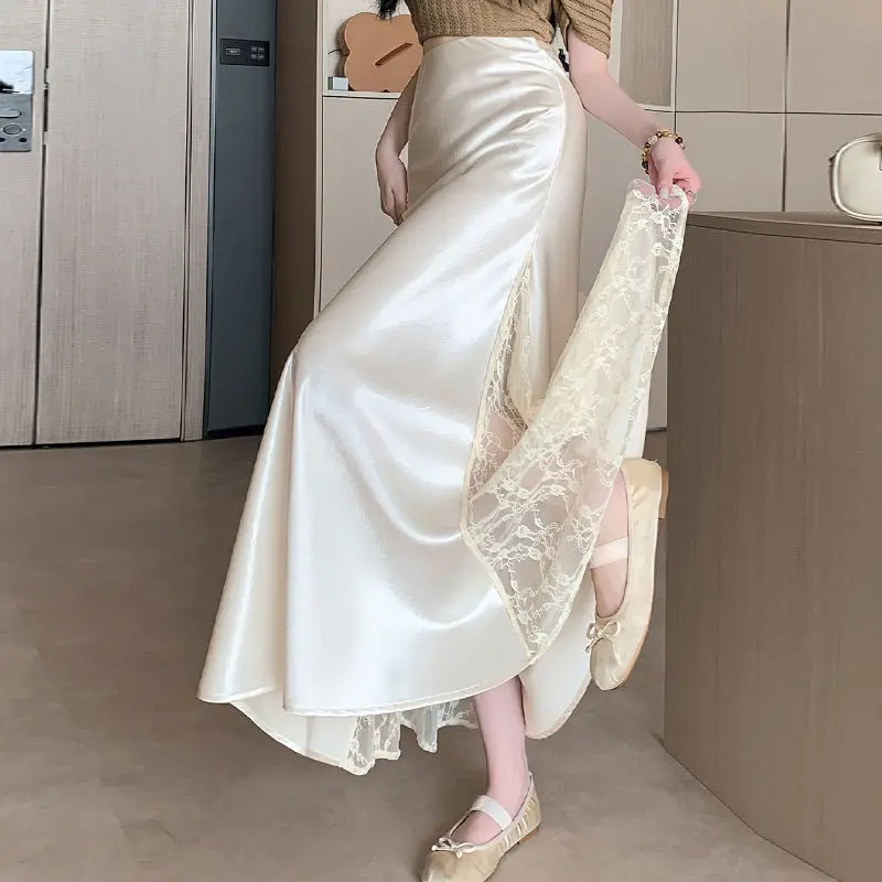 

Korejpaa Satin Woman Skirt Summer New High Waisted A-line Skirts Flowing Temperament Mid Length Lace Patchwork Fishtail Clothes