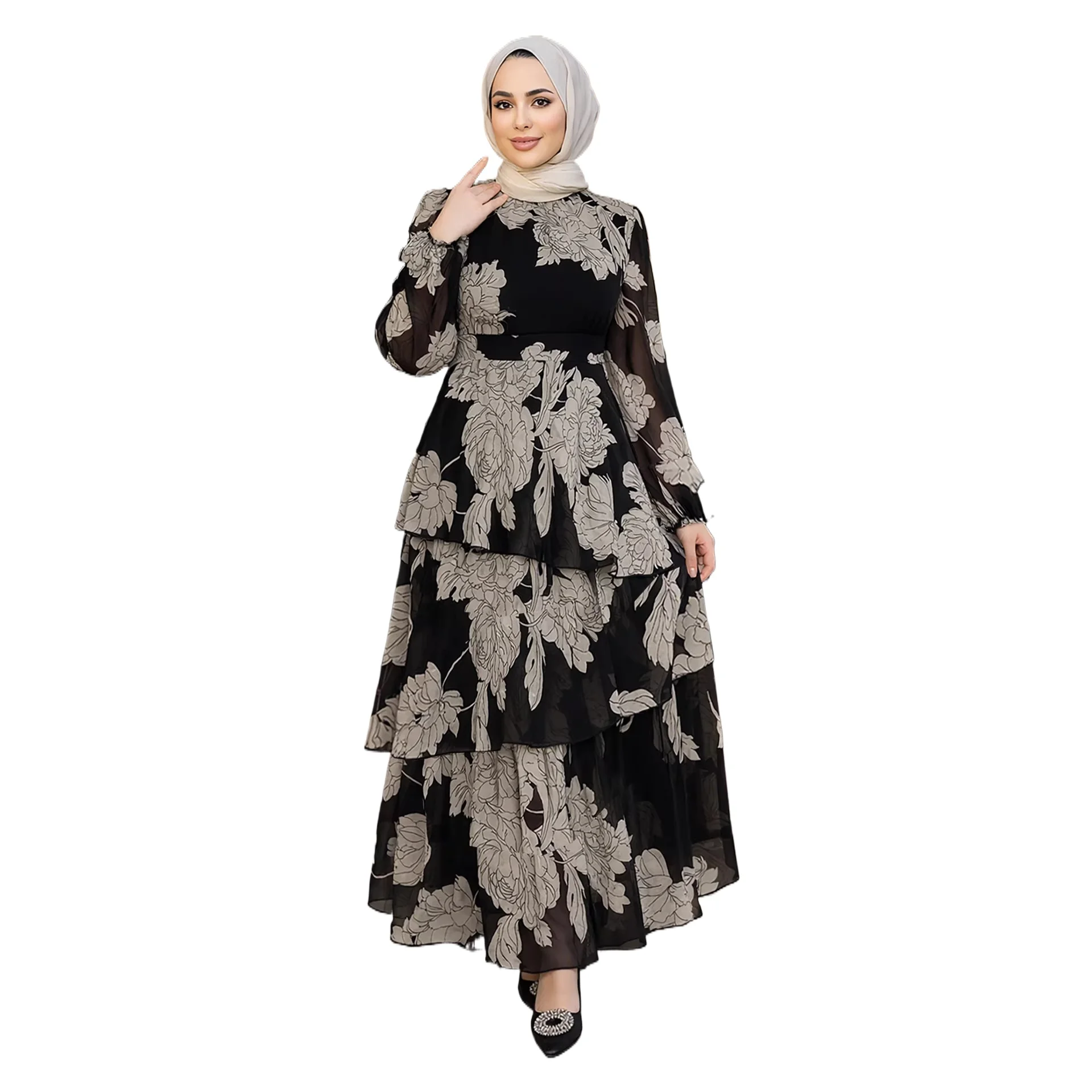 Women's evening dress, Muslim plus size dress, printed patchwork cake skirt, big swing skirt