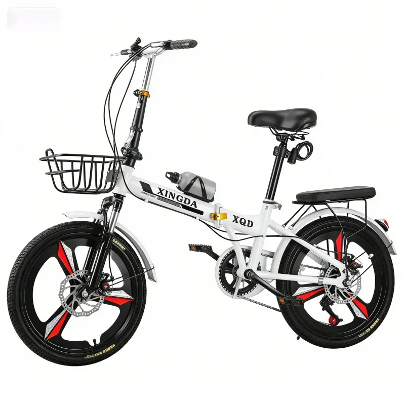 White Variable Speed Folding Bicycle with Front Shock Absorption Disc Brake Child And Adult Integrated Wheel Installation-Free