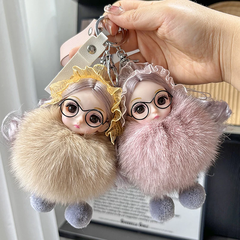 Cute Pompom Keychain Real Fox Plush Ball Keyring Plush Eyeglass Doll Pendant Fashion Key Holder Chain