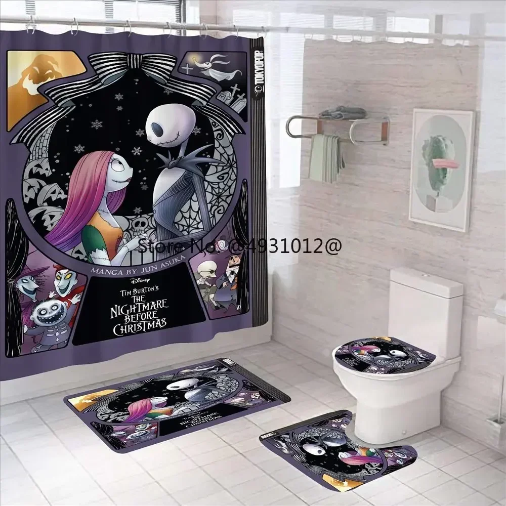 Nightmare Before Christmas Zombie Bride Jack Shower Curtain Sets 4pcs Bathroom Halloween Decor with Hooks for Bathroom