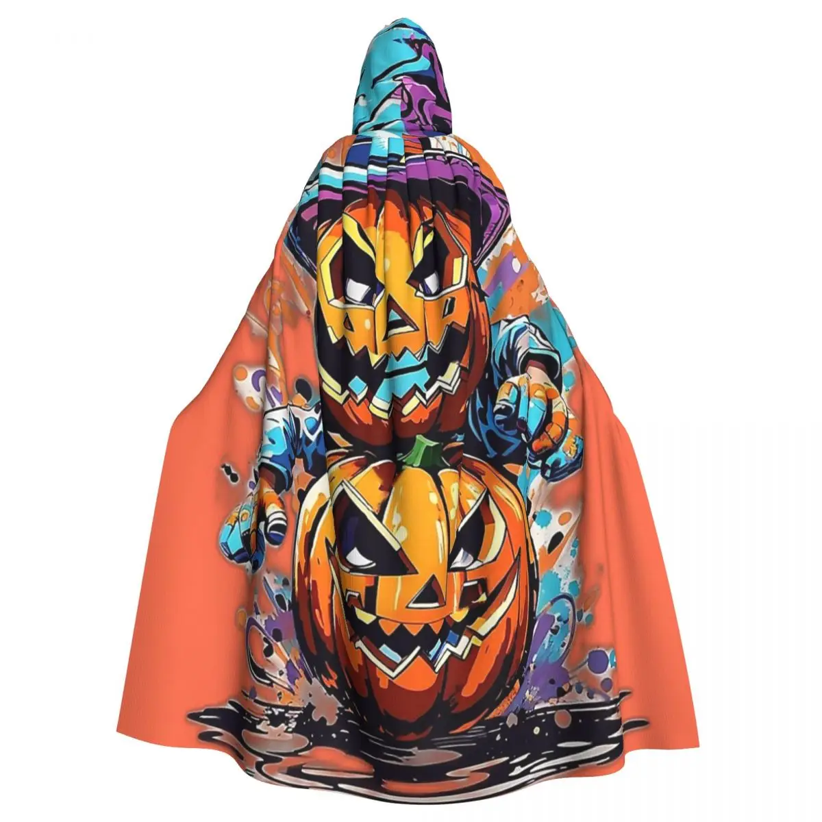 Incredible Multicolor Giant Halloween Pumpkin Print Long Hooded Cloak Witch Costume Cosplay Cape HalloweenVampire Adult Unisex