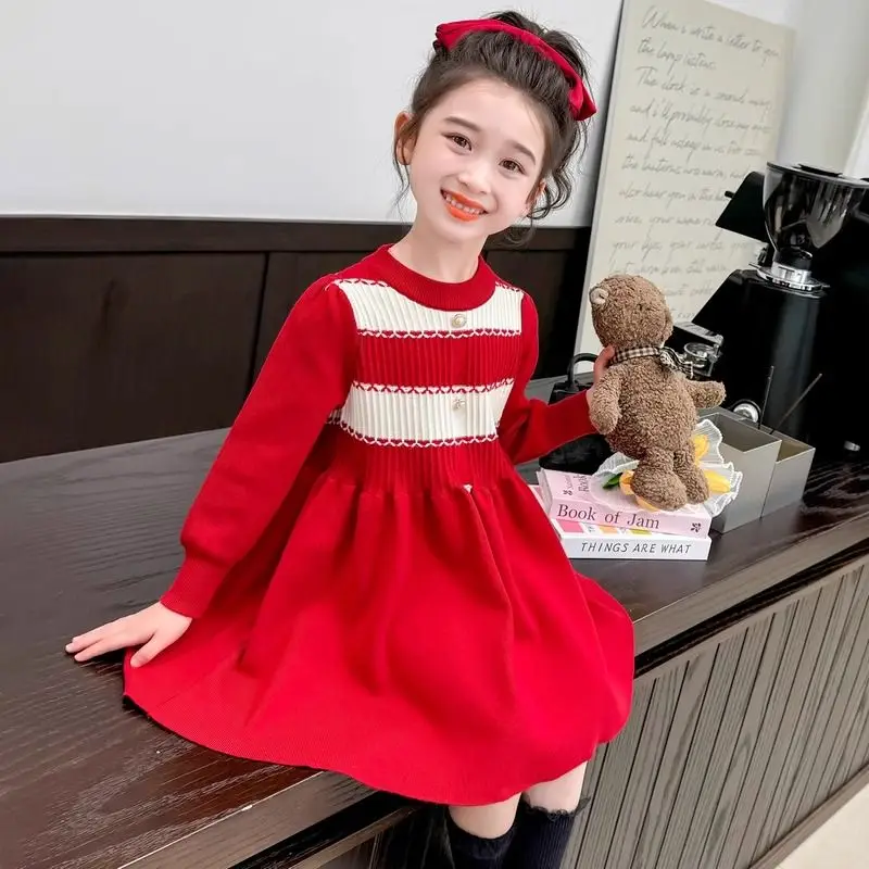 2025 New Korean Style Girls Knit Dress for Baby Girl Childrens Long Sleeve Spring Autumn Trendy Dress