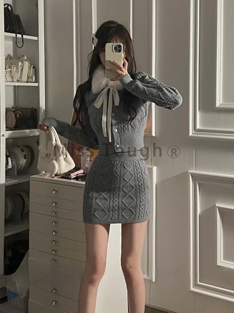 Inverno Frence Vintage elegante lavorato a maglia 2 pezzi Set donna Patchwork solido Retro gonna vestito femminile moda coreana Casual Chic Set