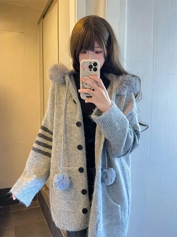 

Вязаный кардиган Thiened Faion для женщин, новинка зимы, с капюшоном и меховым воротником, теплый, удлиненный, средней длины