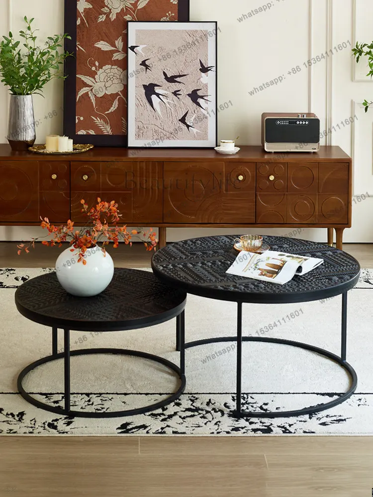 

French retro wind solid wood carving flower size coffee table black retro wrought iron
