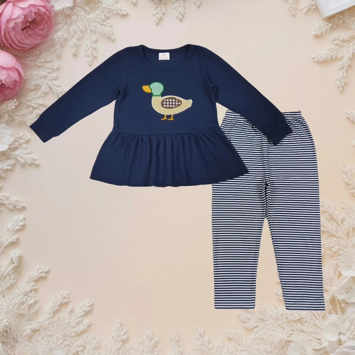 

Hot Sale Baby Girl Outfit Toddler Kids Clothing Set Long Sleeve Duck Embroidery Top with Striped Pants Fall Winter Casual Wear