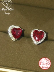 Lab Created Ruby Red Gemstone 925 Sterling Silver Heart Shape Earrings For Women White Gold Plated Gifts For Wife Girlfriend