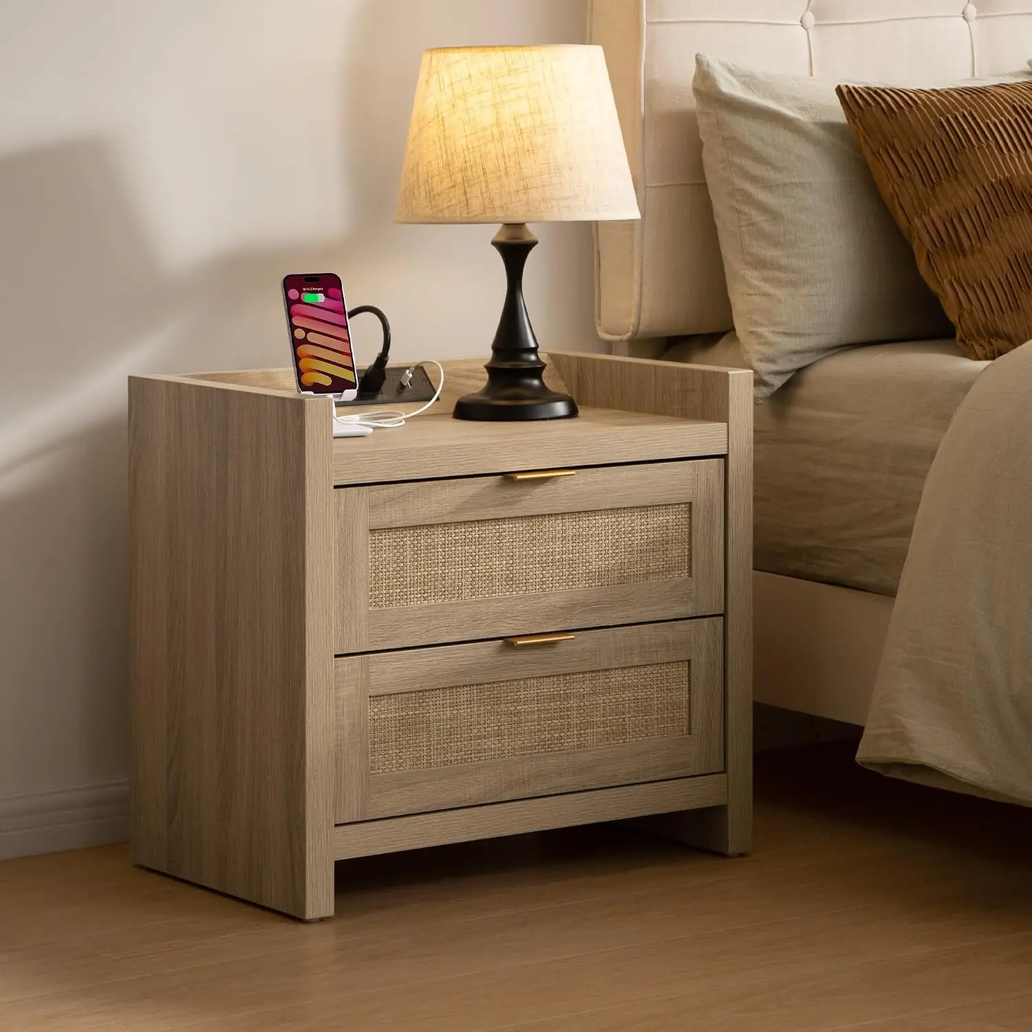 Rattan Nightstand Set of 2 for Bedroom, Bedside Table with Drawers, Customized
