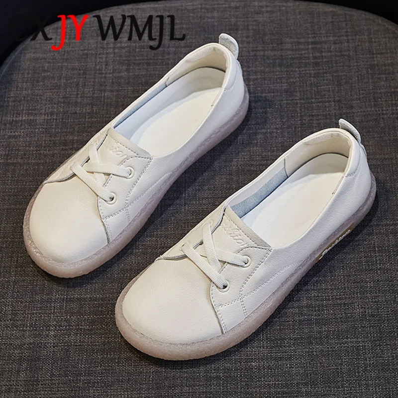 CXJYWMJL Genuine Leather Casual Sneakers Women Plus Size Retro Vulcanized Shoes Spring Autumn Skate Shoes Ladies Sports White