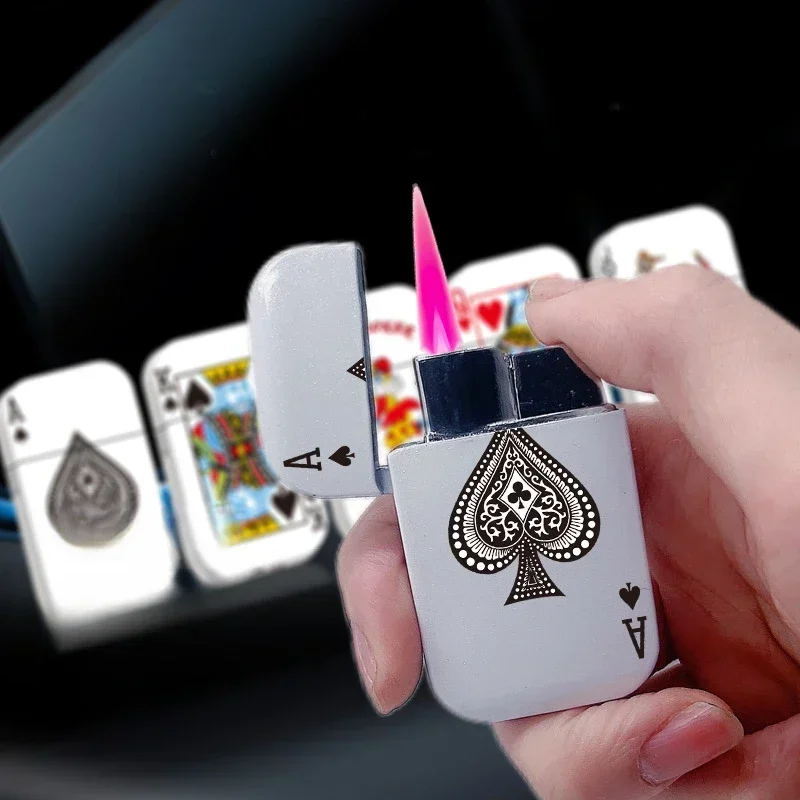 Mini Poker Style Gas Lighter Metal Pink Flame Windproof Lighter Inflatable Torch Lighters Gadgets for Men Smoking Accessories