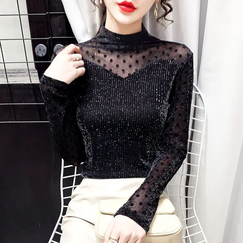 Mesh Autumn New Bottoming Shirt Pullover Sexy Clavicle Waist Half High Collar Long-sleeved Top All-match T-shirt for WomenYY91