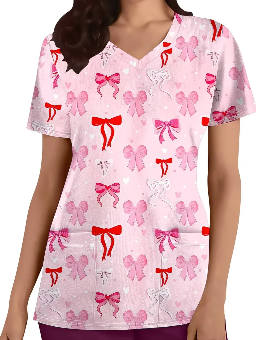 camiseta-feminina-de-manga-curta-fina-e-confortavel-com-decote-em-v-estampa-de-laco-fofo-bolso-simples-e-caimento-justo-para-uniforme-de-trabalho-e-cuidados-com-animais-de-estimacao