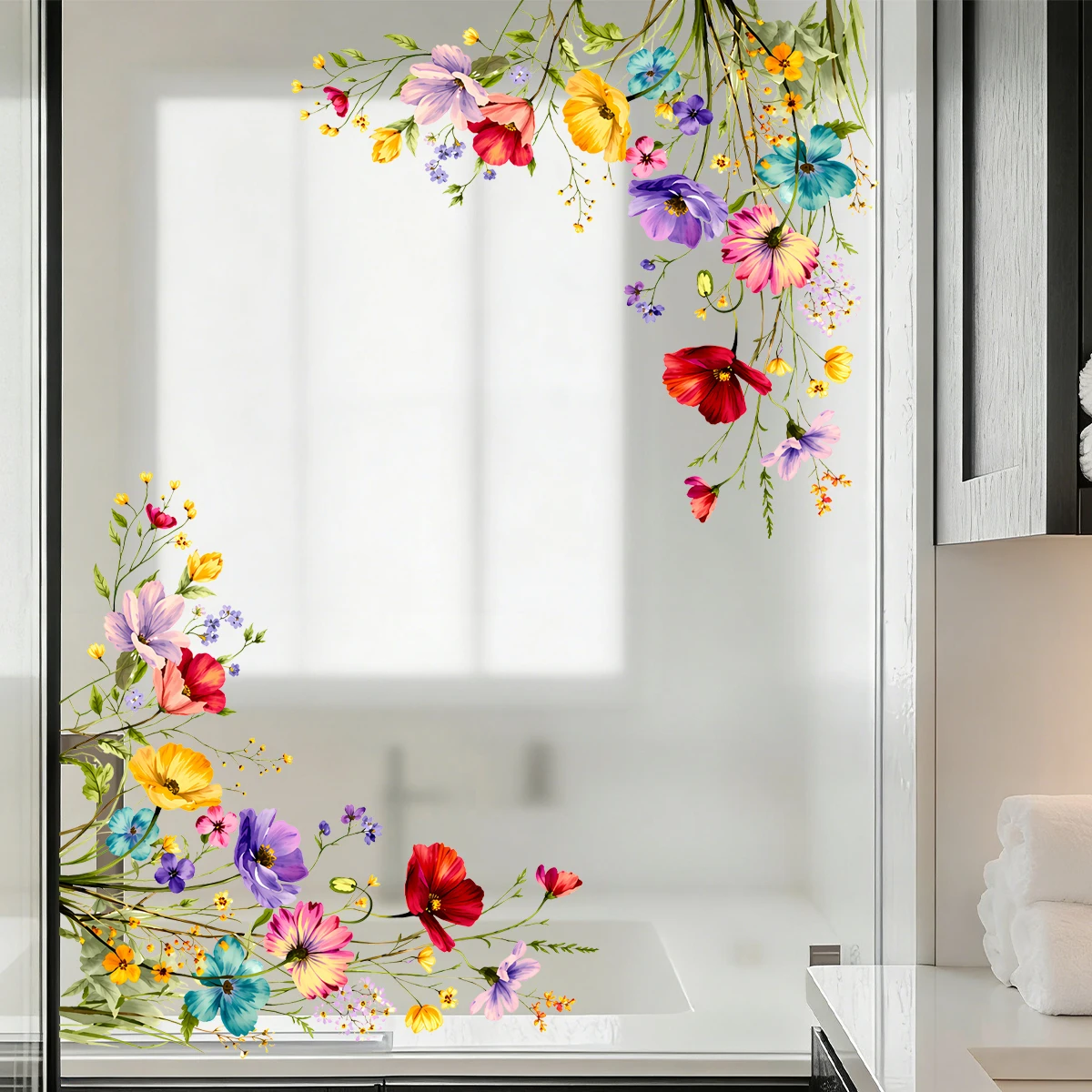 Wasserfarbene Blumen-Spiegel-Wandaufkleber, Bohemian-Eckaufkleber, abnehmbare, wasserdichte Vinyl-Glasspiegel-Dekoration für Badezimmer und Schlafzimmer – Detail 2