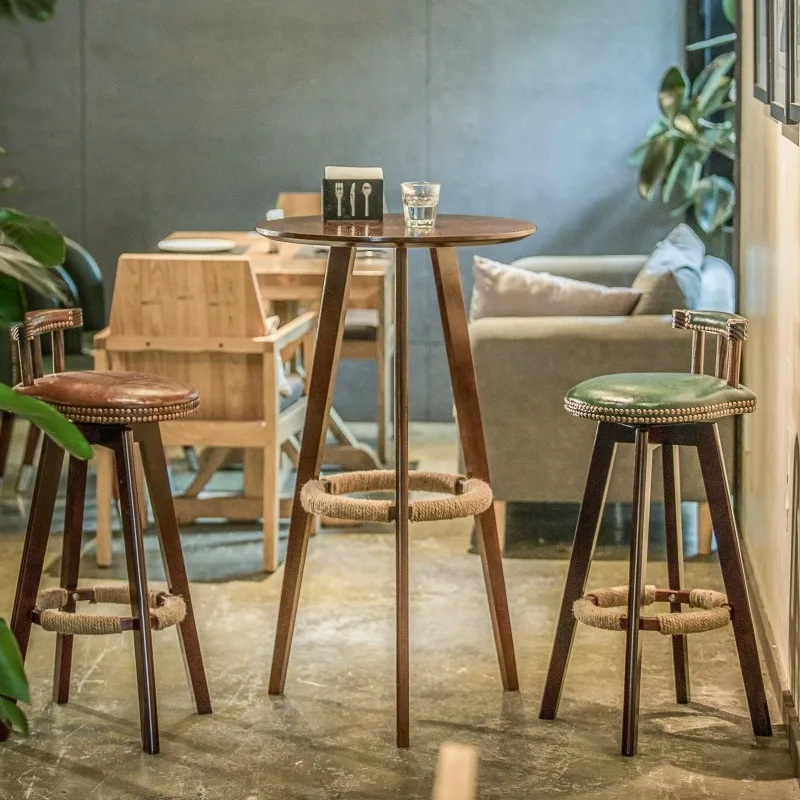 Solid wood bar table combination home high round table chairs milk tea shop café table chairs modern bar small round table