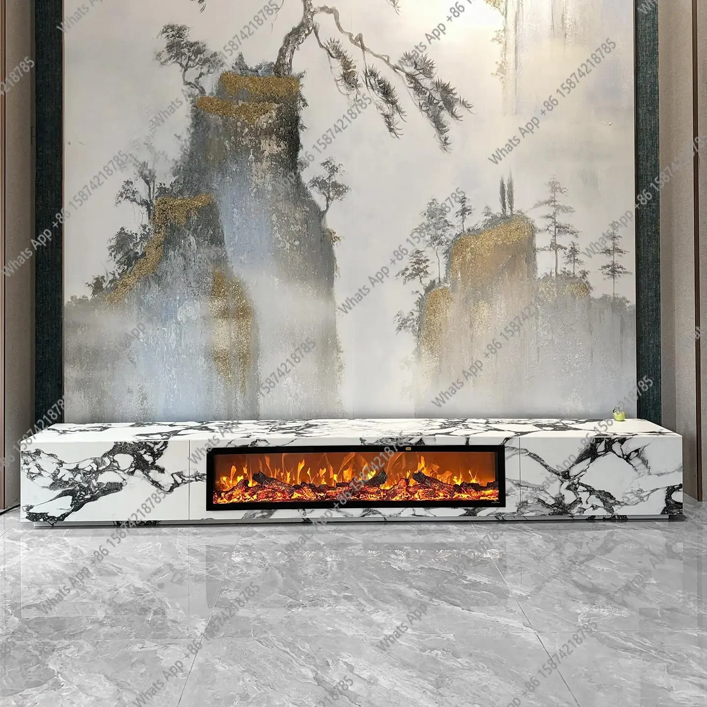 S Stone TV Console With Fireplace, Italian Minimalist Media Cabinet, Silent Drawers & Waterproof, EO Certified, Customizable