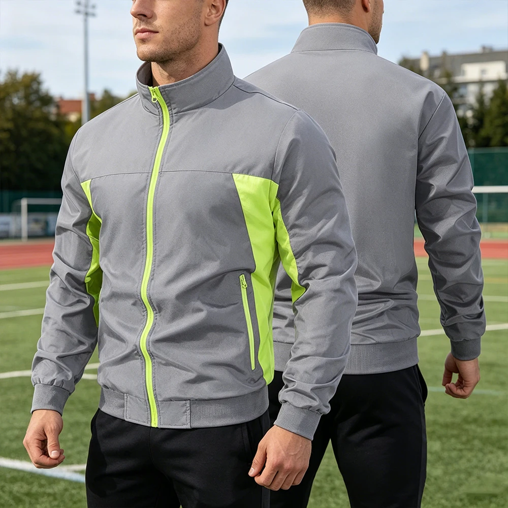 Men's Contrast Color Windbreaker Jacket Solid Color Athletic Outerwear with Zipper Pockets Running Hiking Gym Casual Sportswear